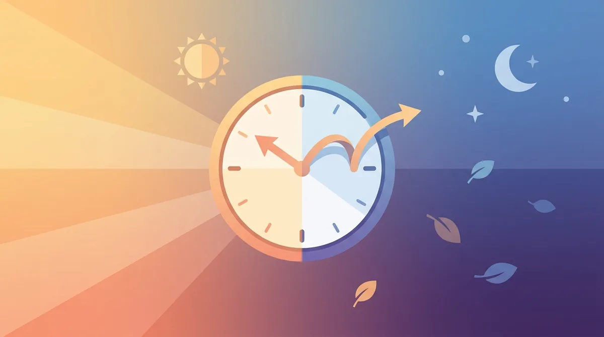 Eine analoge Uhr, deren Zeiger um eine Stunde nach vorne gestellt werden, vor einem Frühlingssonnenaufgangshimmel, was die Sommerzeit veranschaulicht.