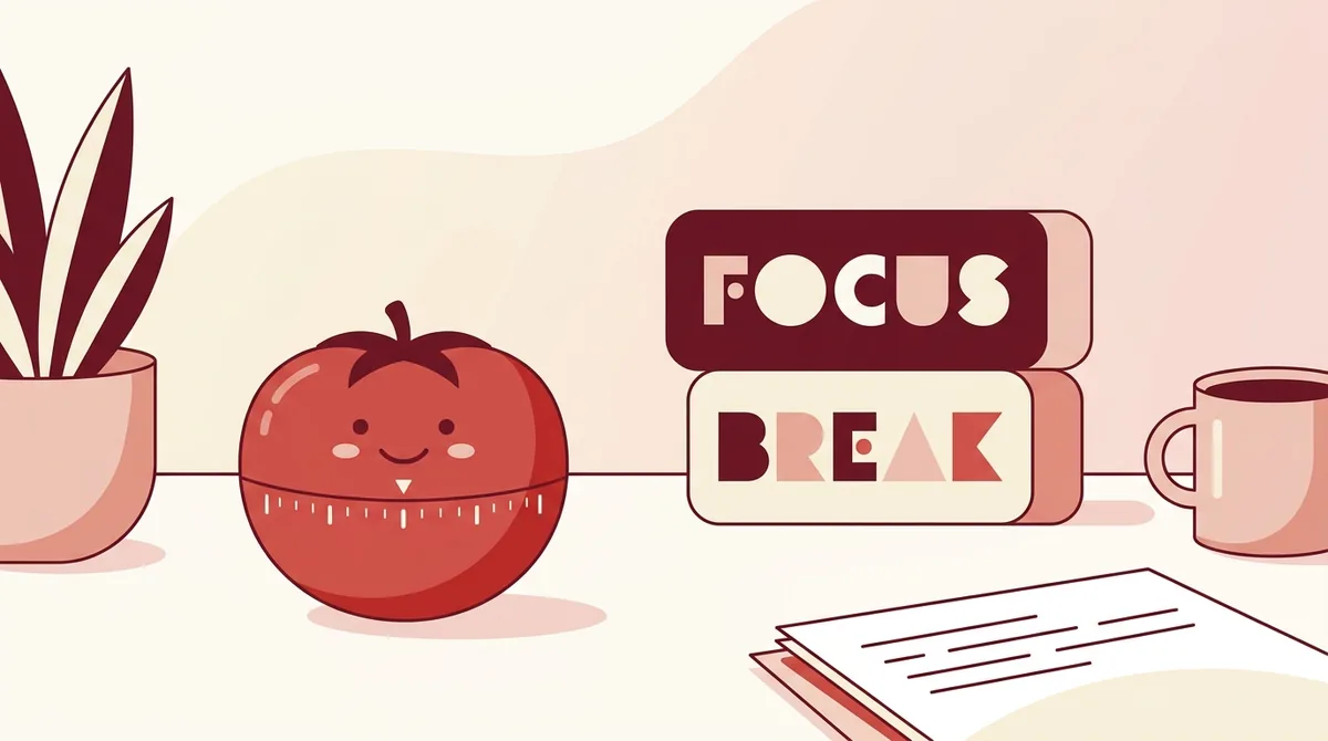 Ein roter tomatenförmiger Küchentimer auf einem Schreibtisch neben einem Notizbuch und Stift, eingestellt auf 25 Minuten für eine fokussierte Arbeitssitzung