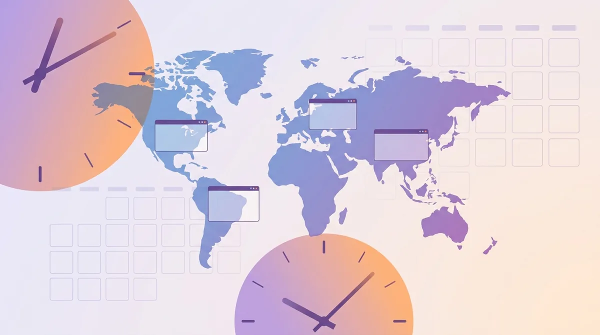 Eine Reihe von Wanduhren, die verschiedene Zeiten für London, New York und Mumbai über einem gemeinsamen Meeting-Kalender anzeigen